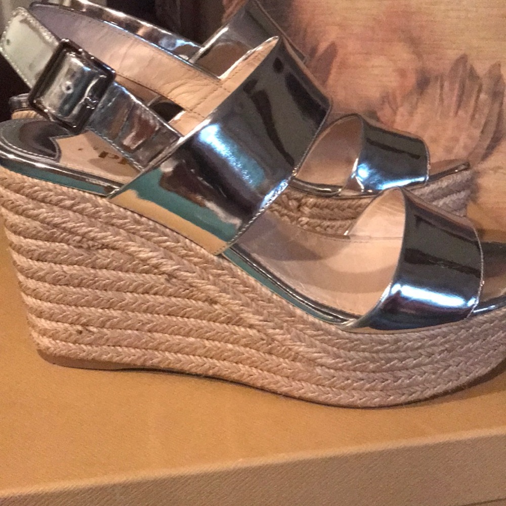PRADA Stunning Shiny Silver Wedges.